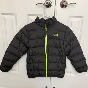 The North Face charcoal gray puffer jacket with lime accents